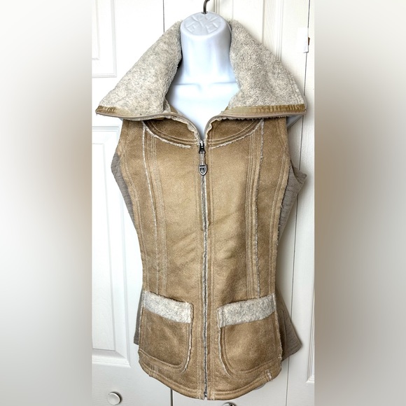 KUHL Dani Sherpa Vest Jacket Coat Almond Tan Brown Beige Faux Leather Wool Sides - Picture 2 of 15